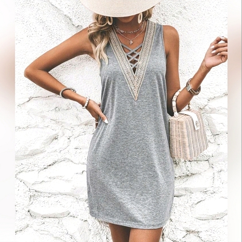 * New Boho Crochet Lace Up Tank Tee Shirt Dress Gray Tan
